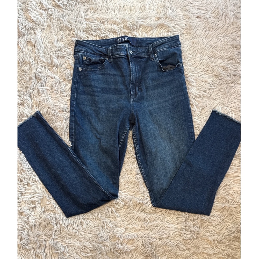 Gap Denim High Rise Universal Legging Jeans Dark Wash Raw Hem 12/31 Long